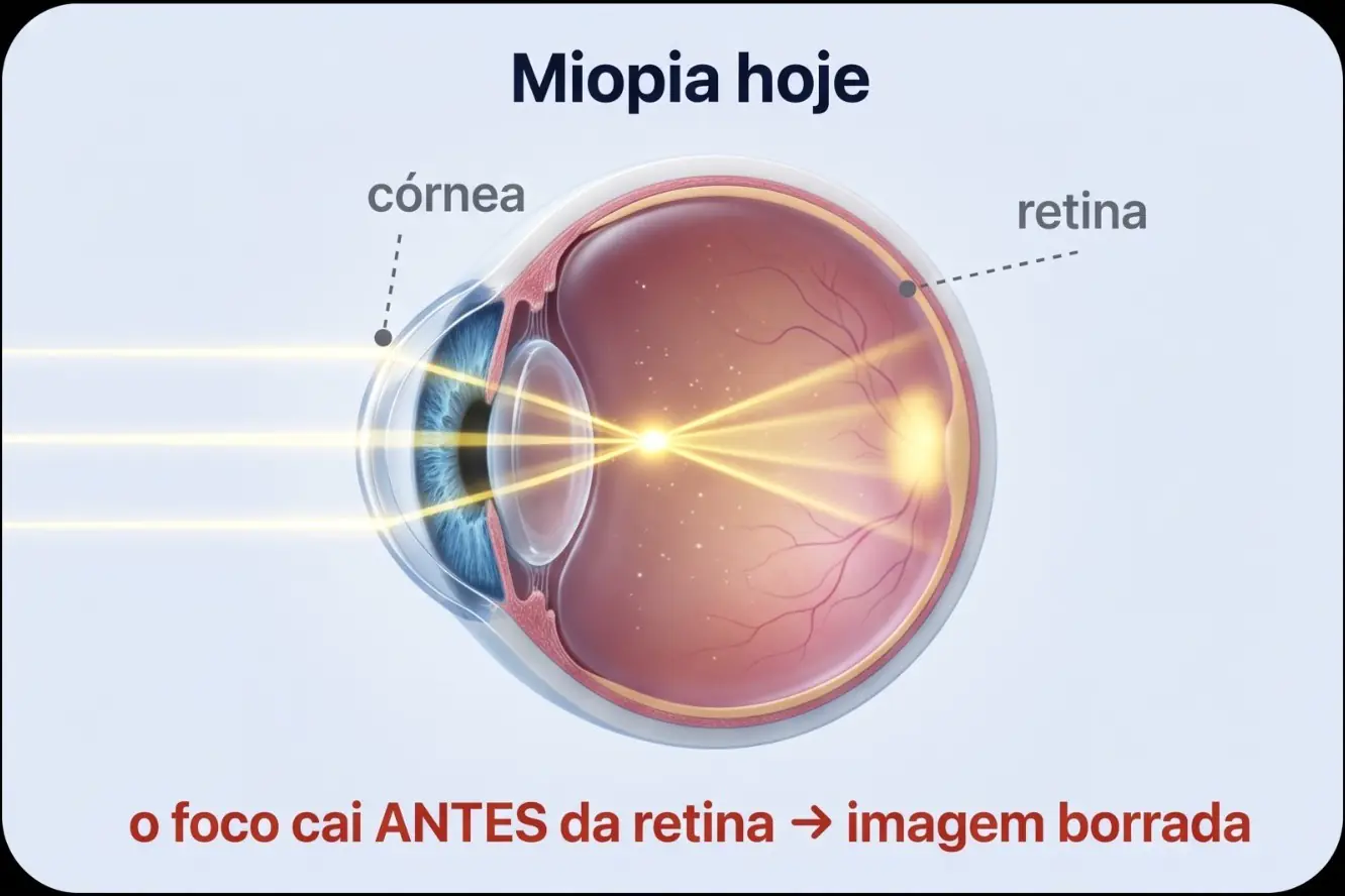 Ilustração: na miopia, os raios de luz se cruzam antes da retina e a imagem fica borrada