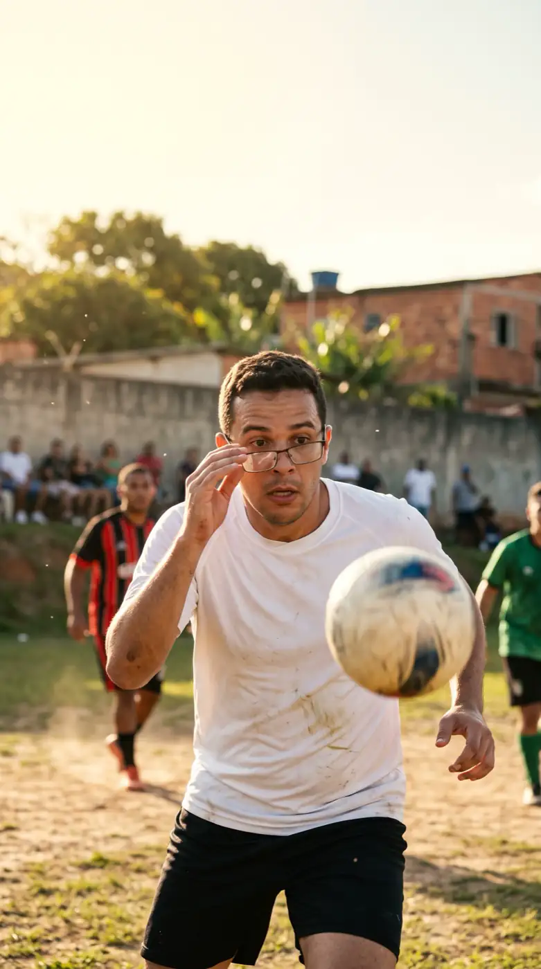 Homem jogando futebol de óculos, ajeitando a armação no meio da partida