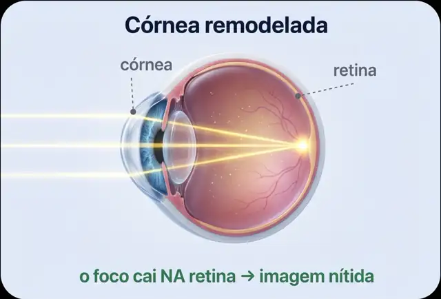 Ilustração: com a córnea remodelada, os raios de luz se cruzam na retina e a imagem fica nítida