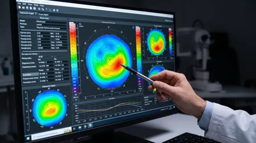 Médico mostrando na tela o mapa colorido da córnea de um paciente