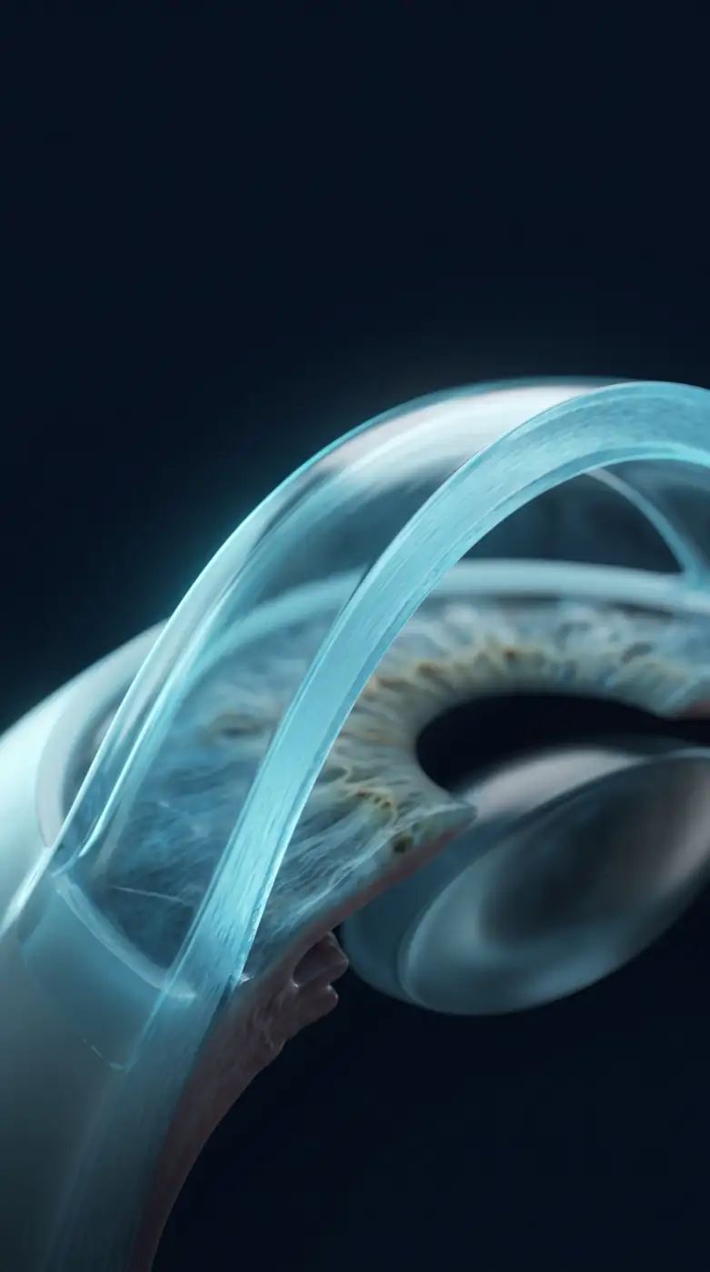 Ilustração 3D de uma córnea vista de lado, com camadas transparentes
