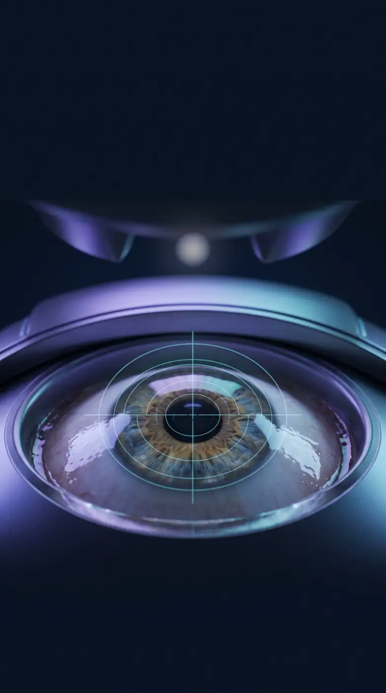 Ilustração 3D de um feixe de laser mirando a córnea, sobre fundo escuro