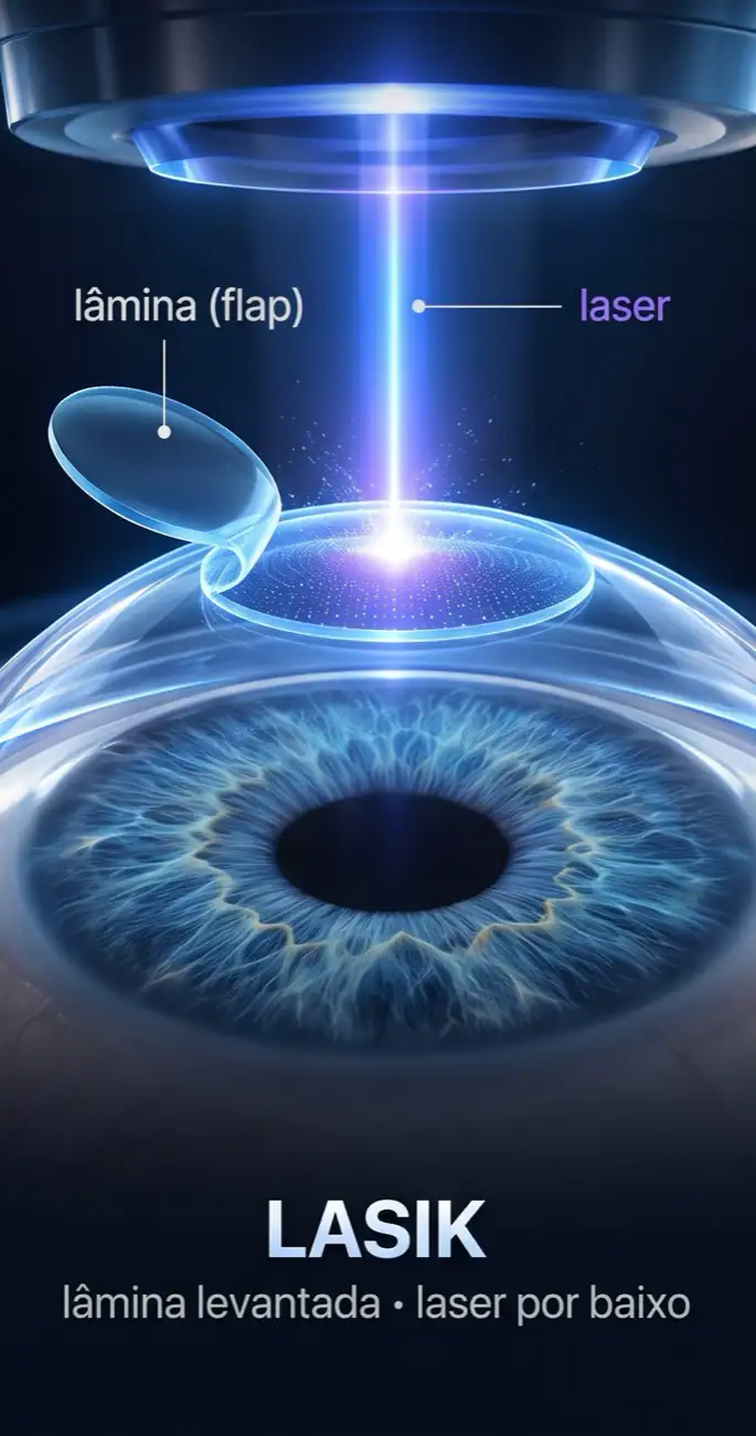 Ilustração do LASIK: uma lâmina fina da córnea é levantada e o laser trabalha por baixo