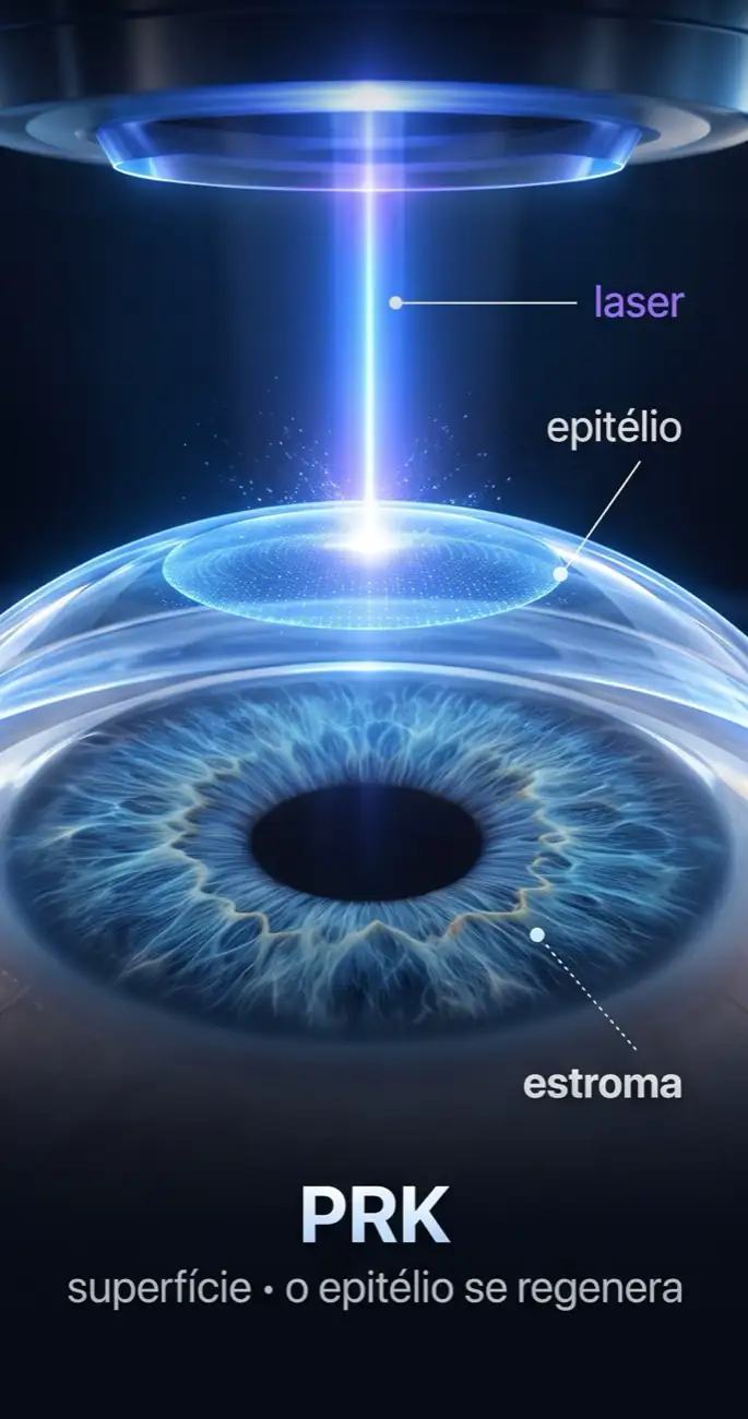Ilustração do PRK: o laser trabalha na superfície da córnea, e a película de cobertura se renova