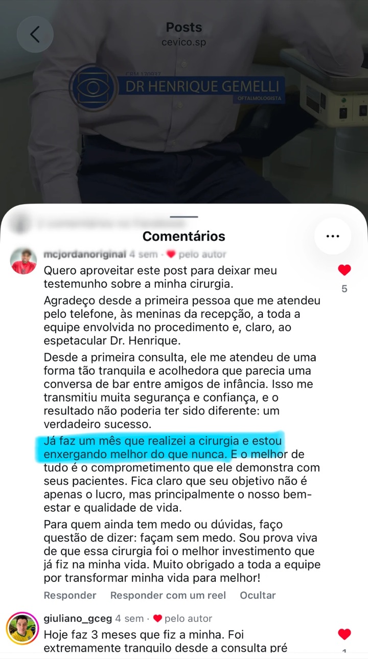 Print do comentário de @mcjordanoriginal no Instagram da CEVICO relatando que um mês após a cirurgia está enxergando melhor do que nunca