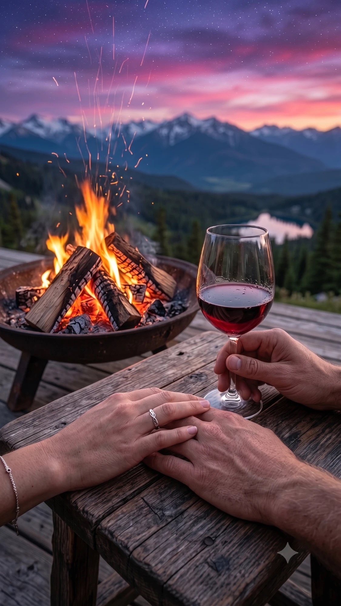 Casal de mãos dadas com taça de vinho diante da fogueira, montanhas ao entardecer